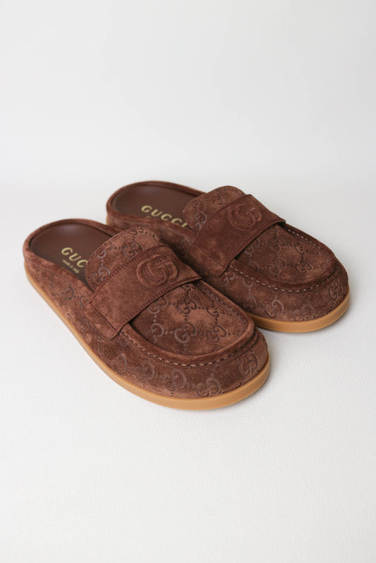 Gucci Monogram Suede Mules Brown