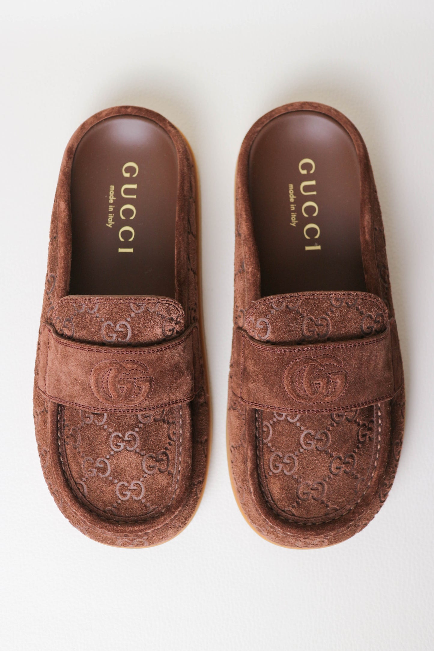 Gucci Monogram Suede Mules Brown