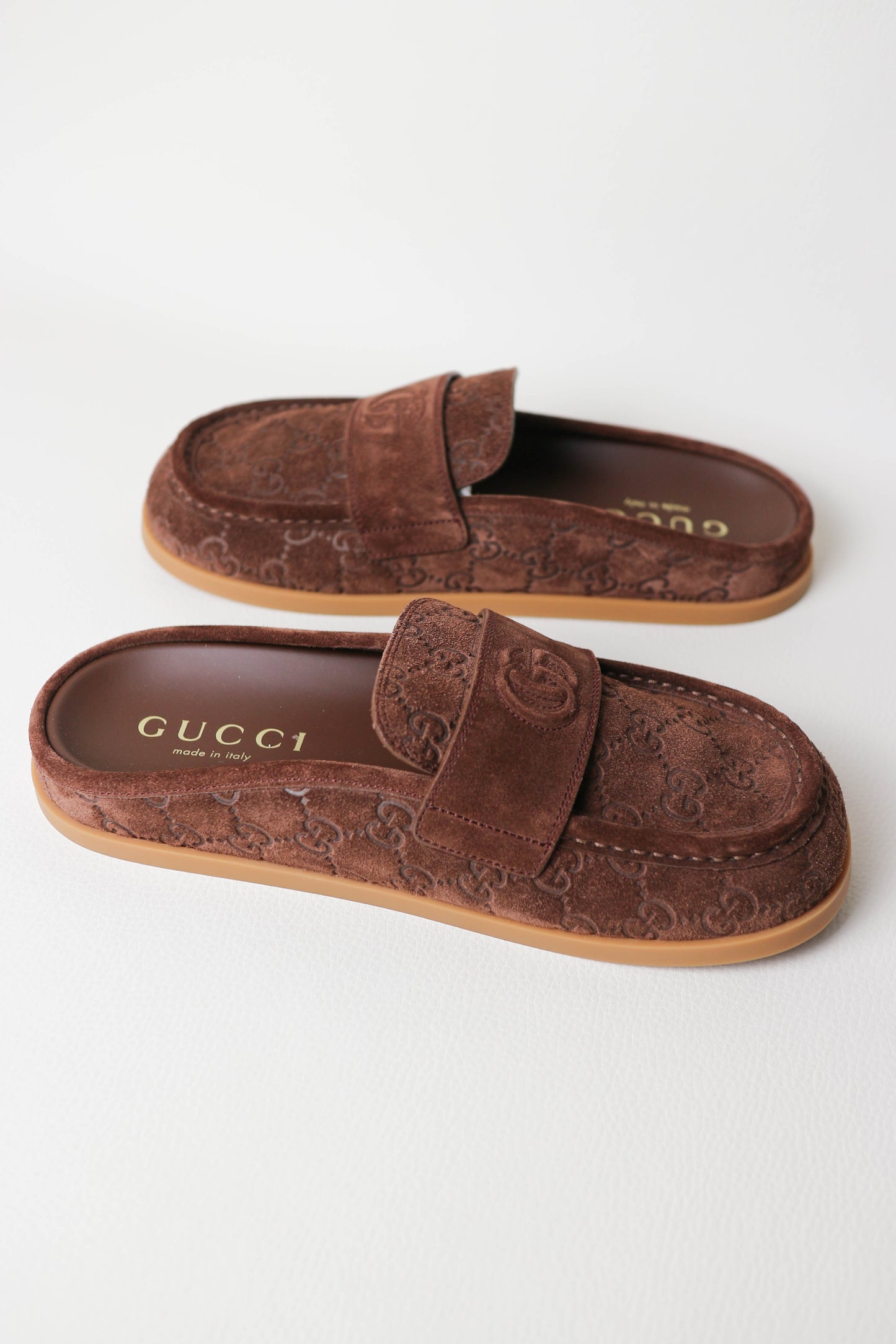 Gucci Monogram Suede Mules Brown
