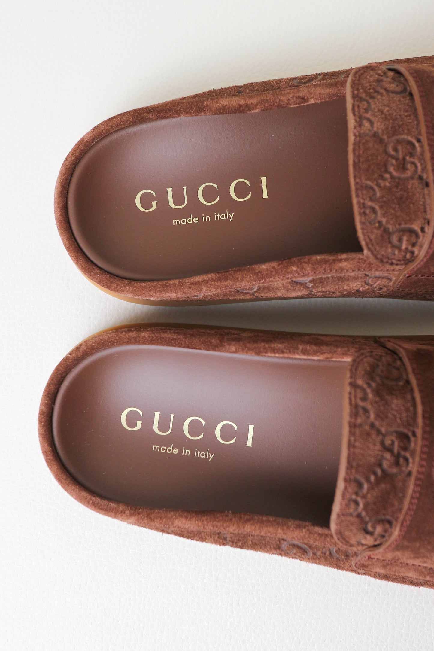 Gucci Monogram Suede Mules Brown