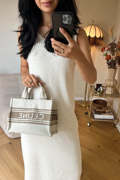 CELINE Logo Canvas Tote Bag Small Beige