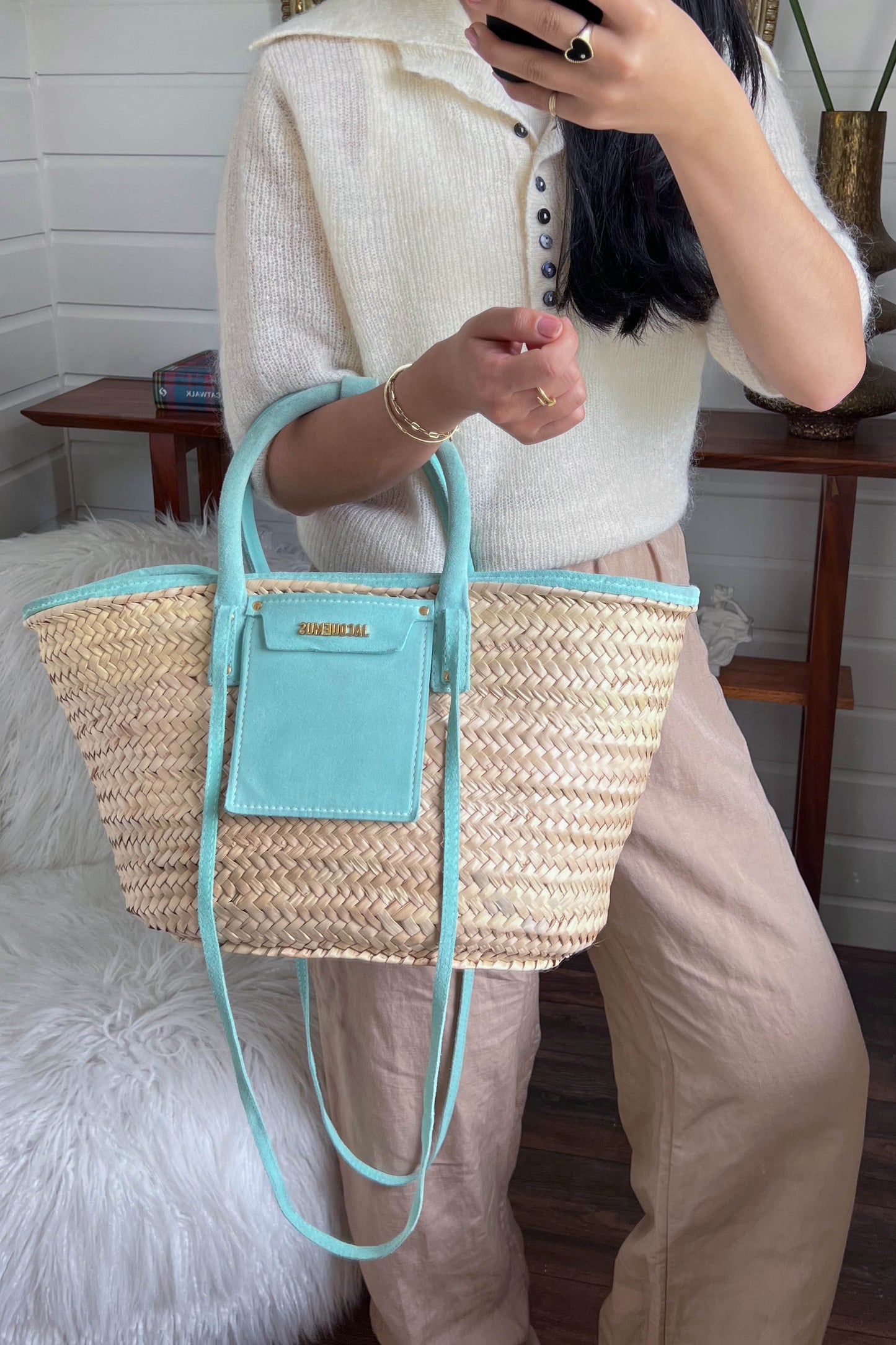 Jacquemus Raffia Leather Tote Bag Turquoise