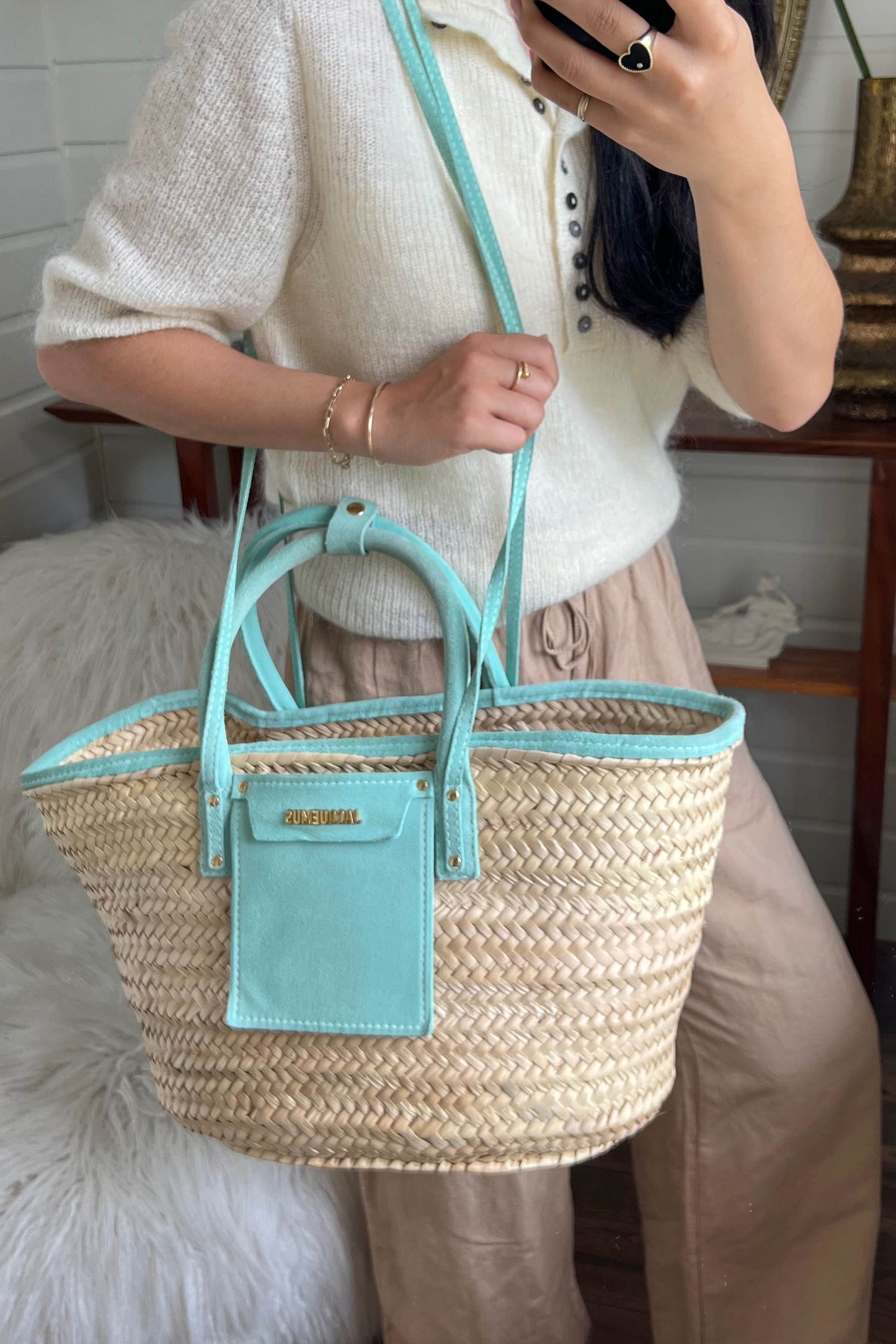 Jacquemus Raffia Leather Tote Bag Turquoise